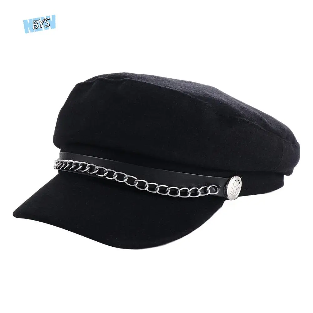 

Warm Punk For Unisex British Style Metal Chian Winter Women Captain Caps Streetwear Berets Men Sailor Caps Flat Navy Hats