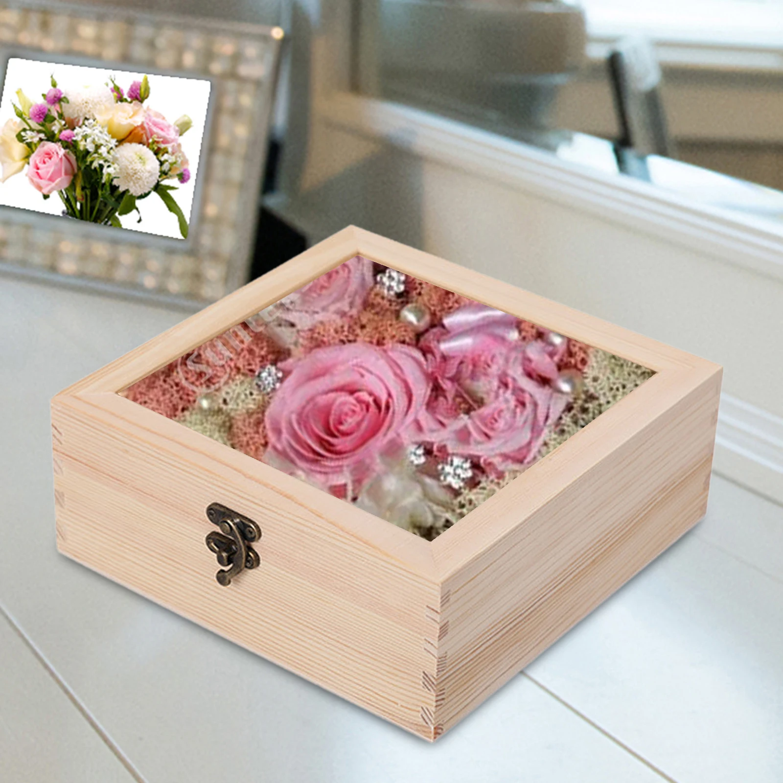 Wooden Box Jewelry Display Case with Glass Cover Storage Box Photo Holder DIY and Home Decorations Keepsake Trinket Box