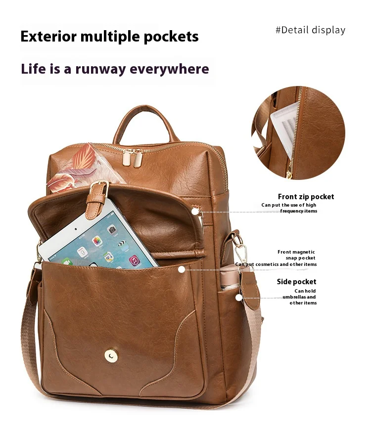 Retro women's backpack, PU soft leather with multiple pockets, large capacity business commuting travel backpack
