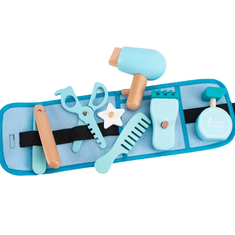 Kids Pretend Play Toy Wooden Simulation Hair Cutting Bag Role Playing Educational Toys 3-6 Year Old Children's Waist Bag Set