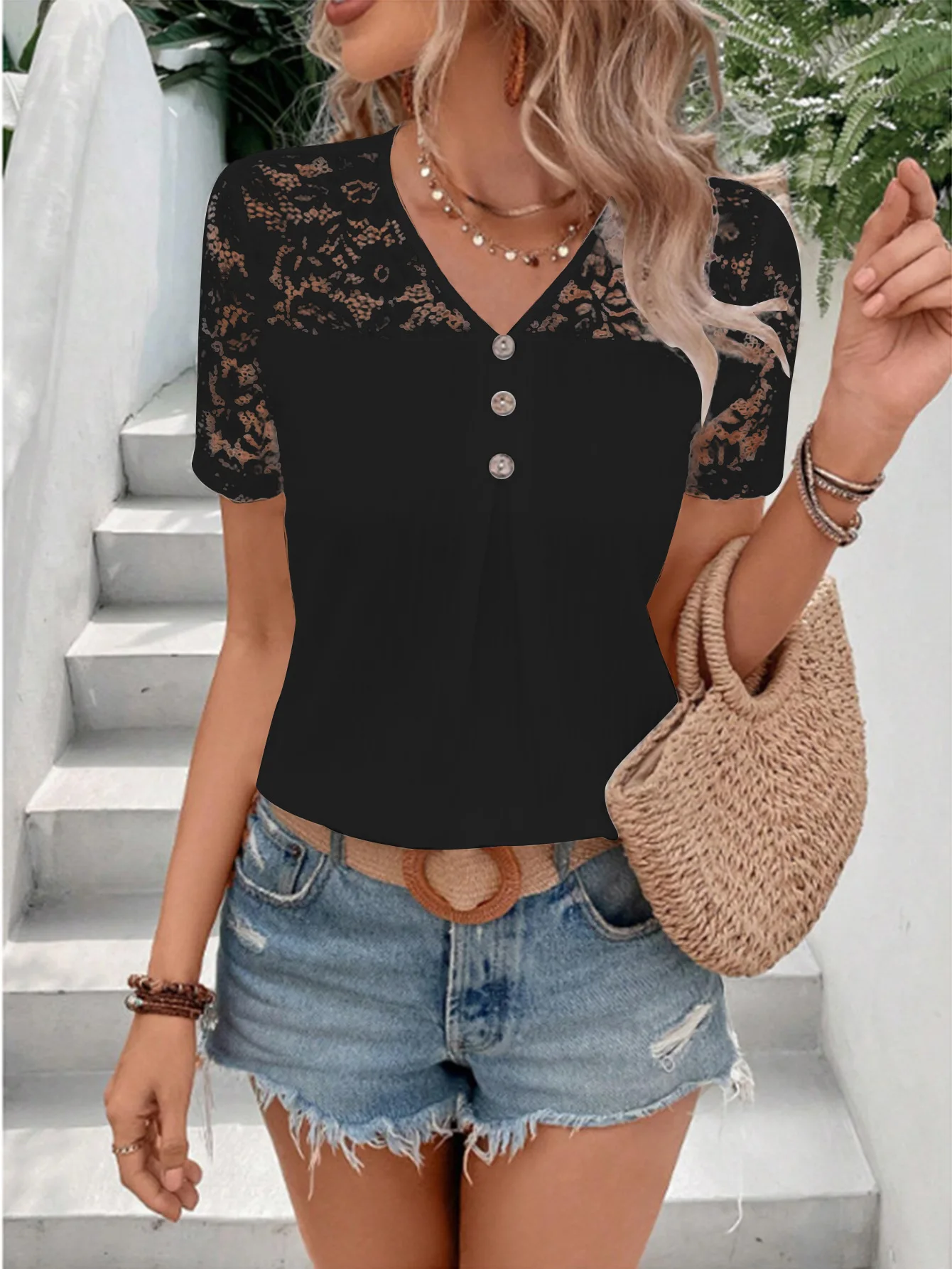 Women\'s Blouse White Lace Short Sleevee Shirt Simple Tops Elegant Shirts and Blouses Deals Summer Youthful Woman Clothes 2024