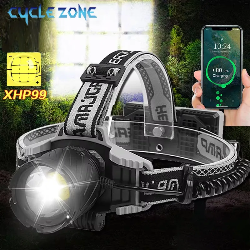 

Zoomable XHP99 Headlamp Rechargeable LED Telescopic Zoom Headlight 4 Modes Outdoor Fishing Light Head Flashlight Camping Lantern