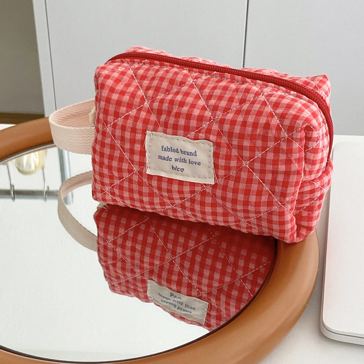 Simple Solid Color Plaid Women\'s Cosmetic Bag Fashion Sweet Soft Fabric Ladies Storage Bags Large Capacity Female Clutch Handbag