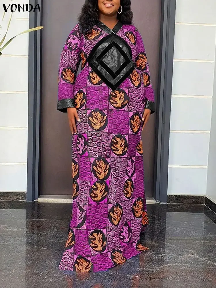 

Плюс размер 5XL VONDA винтажные платья с принтом женские повседневные богемные макси-сарафан с длинным рукавом модный вечерние халат большого размера с v-образным вырезом