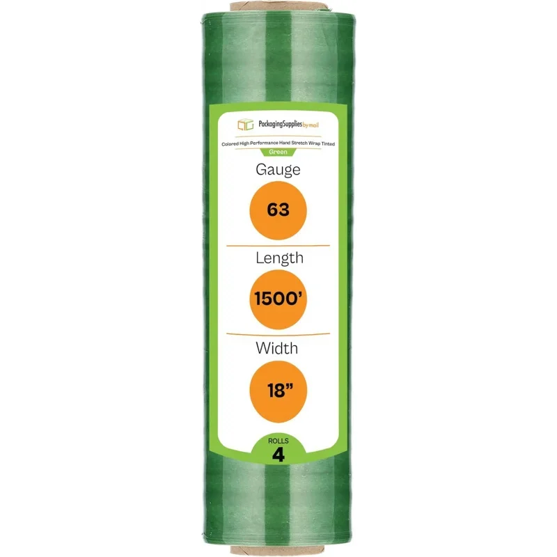 Green Stretch Wrap, 4, 18 Inch x 1500 Feet, 63 Gauge, Tinted/Transparent Hand Stretch Film Rolls Packaging Moving Packi