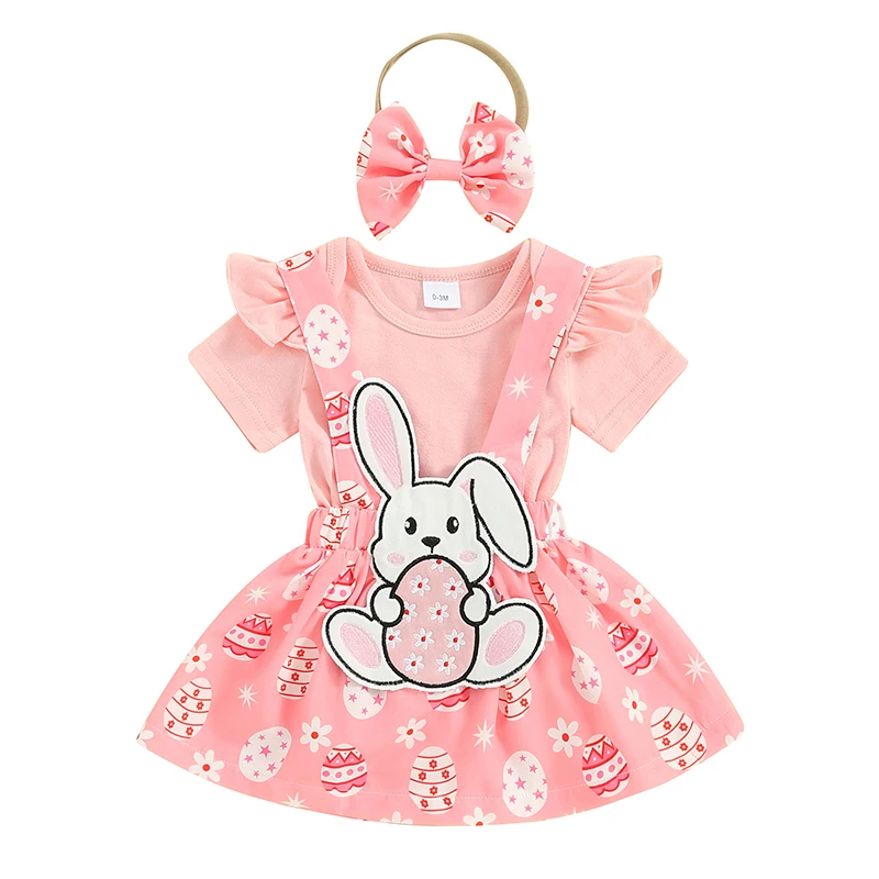 

Baby Girls Easter Outfits Solid Color Short Sleeve Rompers Rabbit Embroidery Suspender Skirts Headband 3Pcs Clothes Set
