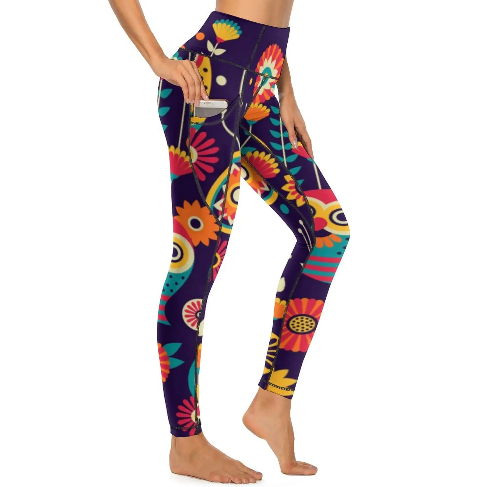 Vibrant Owl Yoga Pants Pockets Women Retro Floral Print Leggings Sexy Push Up Elegant Yoga Sports Tights Stretch Fitness Leggins