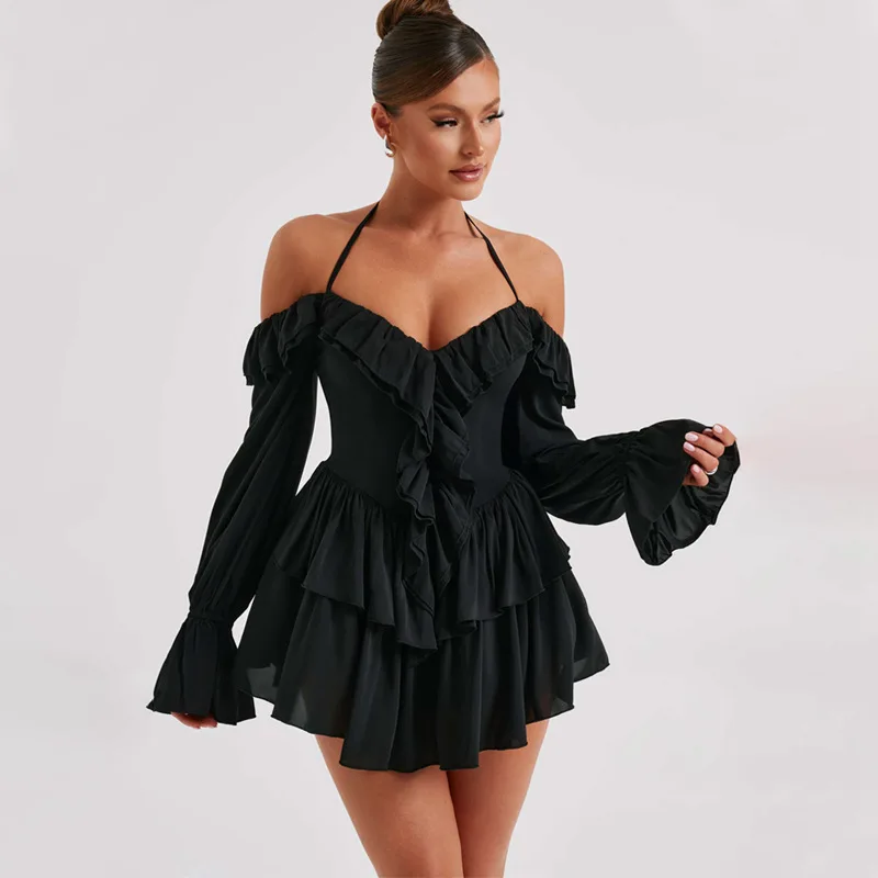 European and American Style Women's Summer New Sexy Hanging Neck Low Cut Ruffled Long Sleeved Jumpsuit Shorts