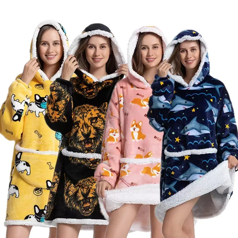 

Winter Women Hoodie Blanket Oversize Wearable Blankets Winter Warm Blanket Hoodie with Sleeves Hooded Sweatshirt Blankets
