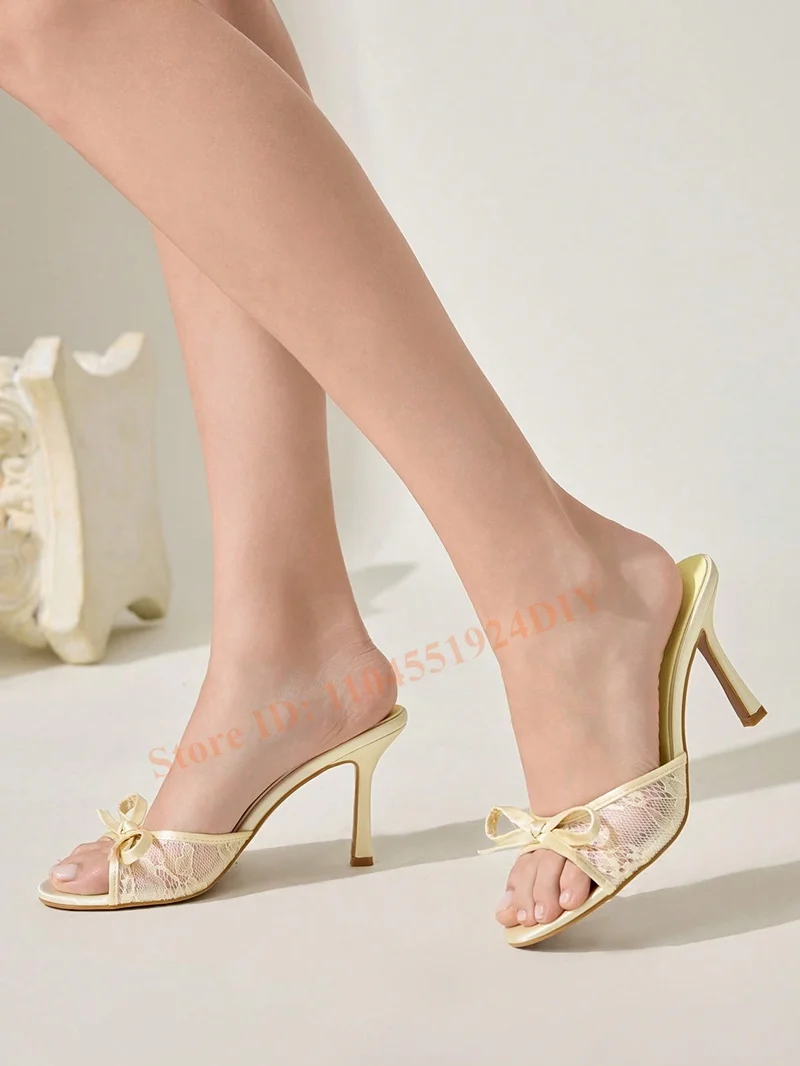 

Brown Mesh Women's Mule Round Toe High Heel Sandals Bowtie Knot Sandals Spring Shoes Thin Heeled Women Shoe