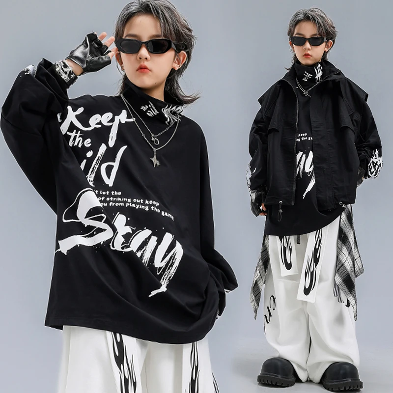 쿨 키드 힙합 댄스 의상 블랙 오버사이즈 탑 화이트 배기 팬츠 청소년 스트리트 댄스 의류 학교 공연 재즈 의상 VDL4733