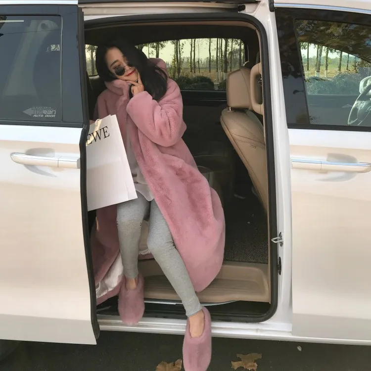 Autumn Winter Maxi Coat Long Warm Luxury Belt Fur Parkas Bontjas Furry Outerwear Thick Faux Fur Jacket Women Hooded Colorblock