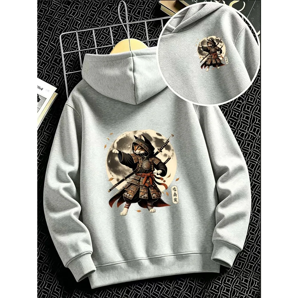 Cool Warrior Samurai Cat Graphic Hoodie For Kids Front And Back Same Print Boys Sweatshirt