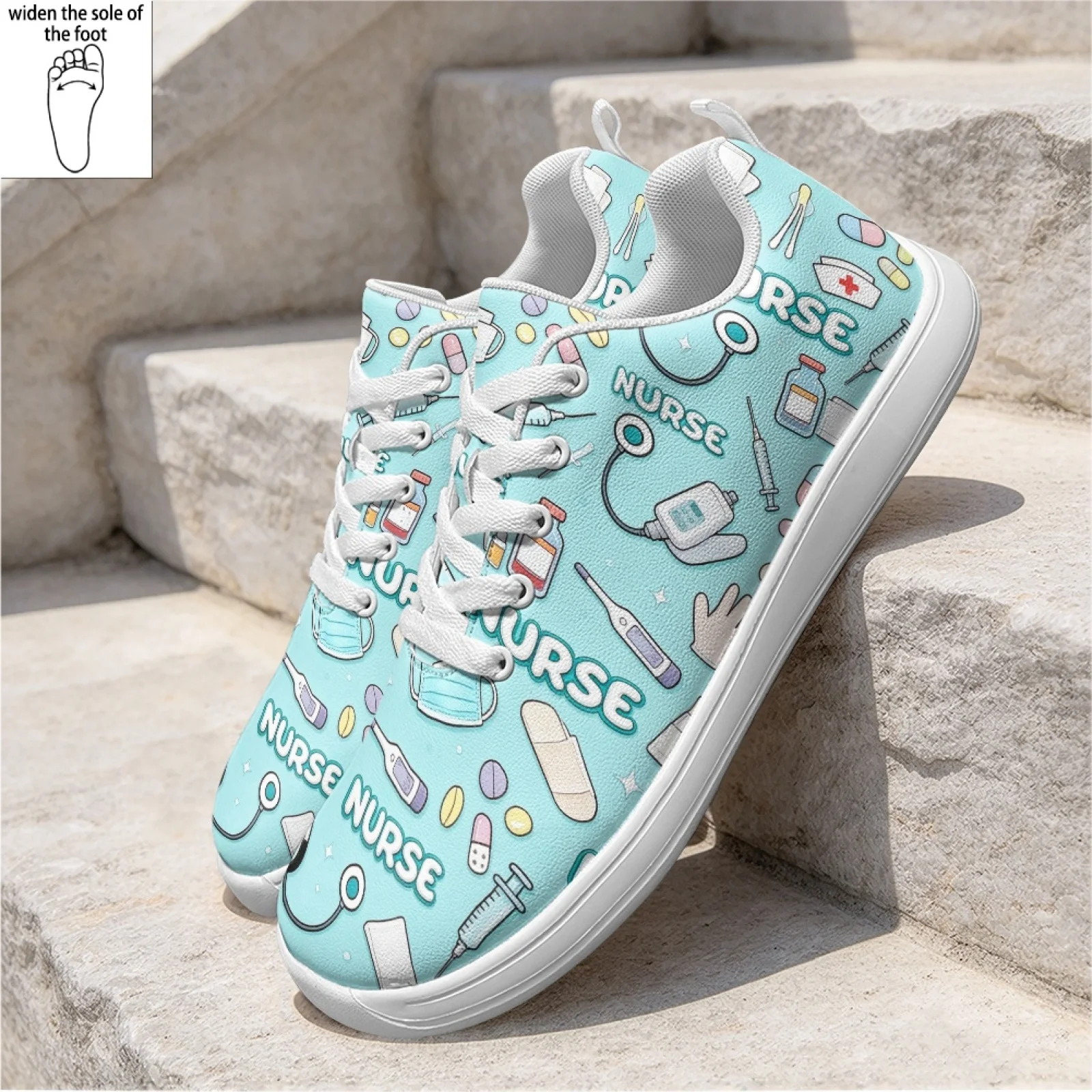 PENSTROLL PU Versatile Nursing Shoes Lace-Up Comfort Work Shoes for Women Everyday Wear Medical Nurse Print