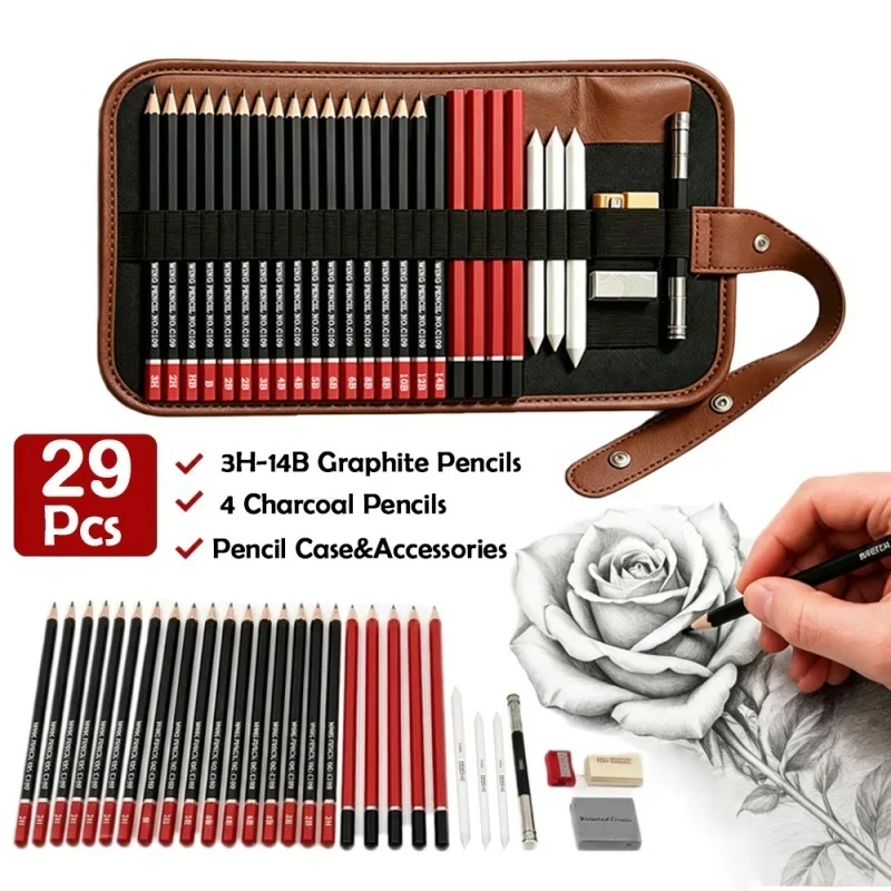 29Pcs Drawing Pencil Set Professional Sketching Kit with Portable Pencil Case Charcoal Pencils Blending Tools Art Supplies