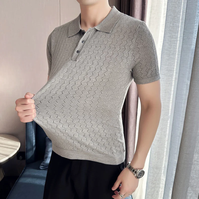 

2023 British Style Men's Summer Casual Short-sleeved POLO Shirt/Male Slim Fit High Quality Wavy Striped Knitted Polo Shirt S-3XL