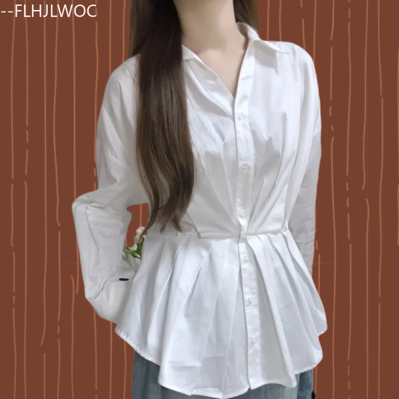 

Хлопковые белые рубашки Топы с баской FLHJLWOC 2025 Осенняя милая японская блузка для девочек в стиле ретро с v-образным вырезом и тонкой талией, шикарная дизайнерская блузка Y2K