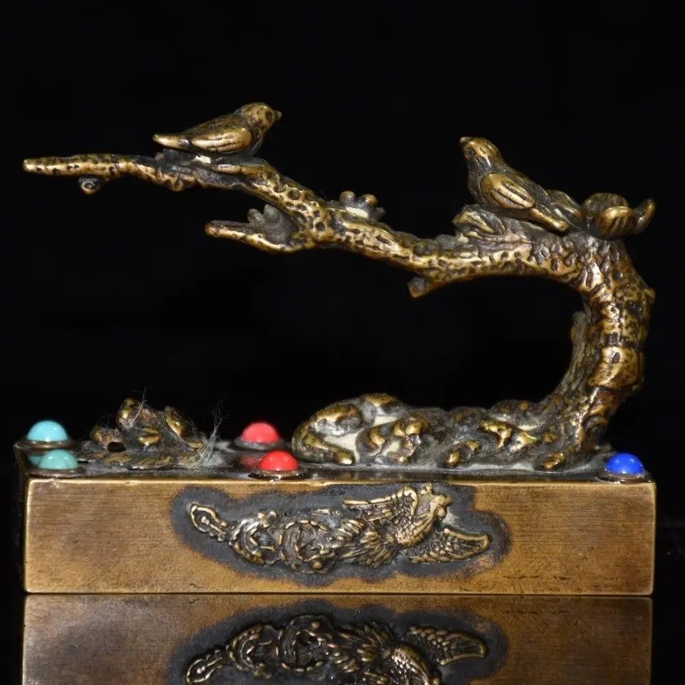 Collection of pure copper magpie plum inlaid gem seal length 9.5 cm wide 3.5 cm high 7 weight 503 grams