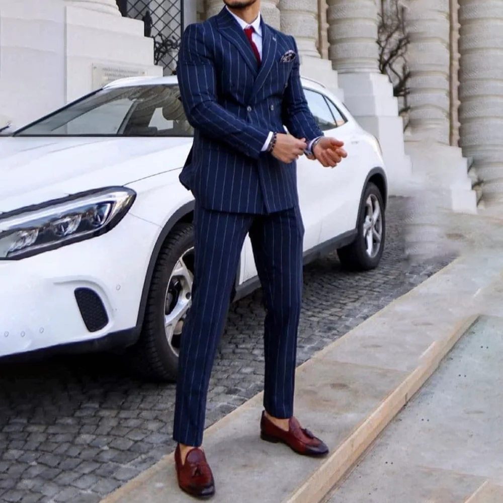 

New Arrival Men's Suits Chic Double Breasted Peak Lapel Striped Business 2 Pieces Formal Dinner Party Wedding Tailor-Made Outfit