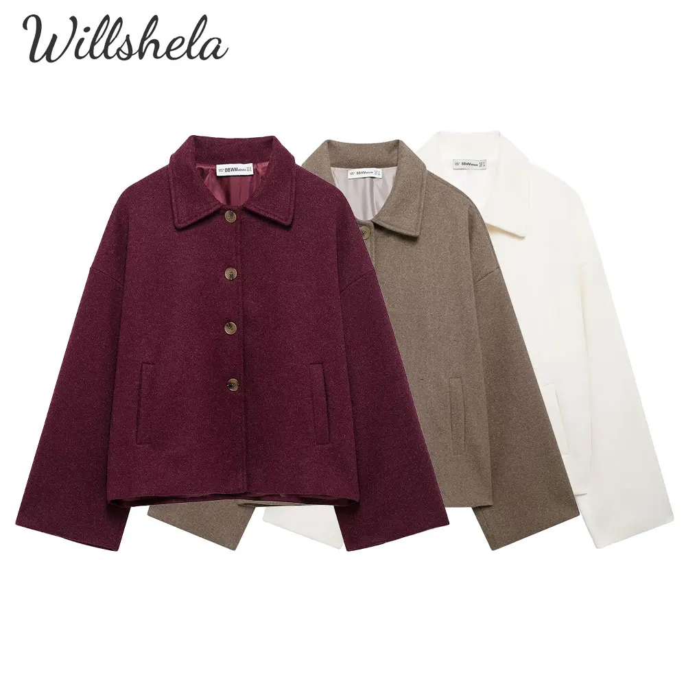 

Willshela Women Fashion Solid Jacket Lapel Collar Long Sleeves Female Chic Lady Mujer Casual Tops Short Coat