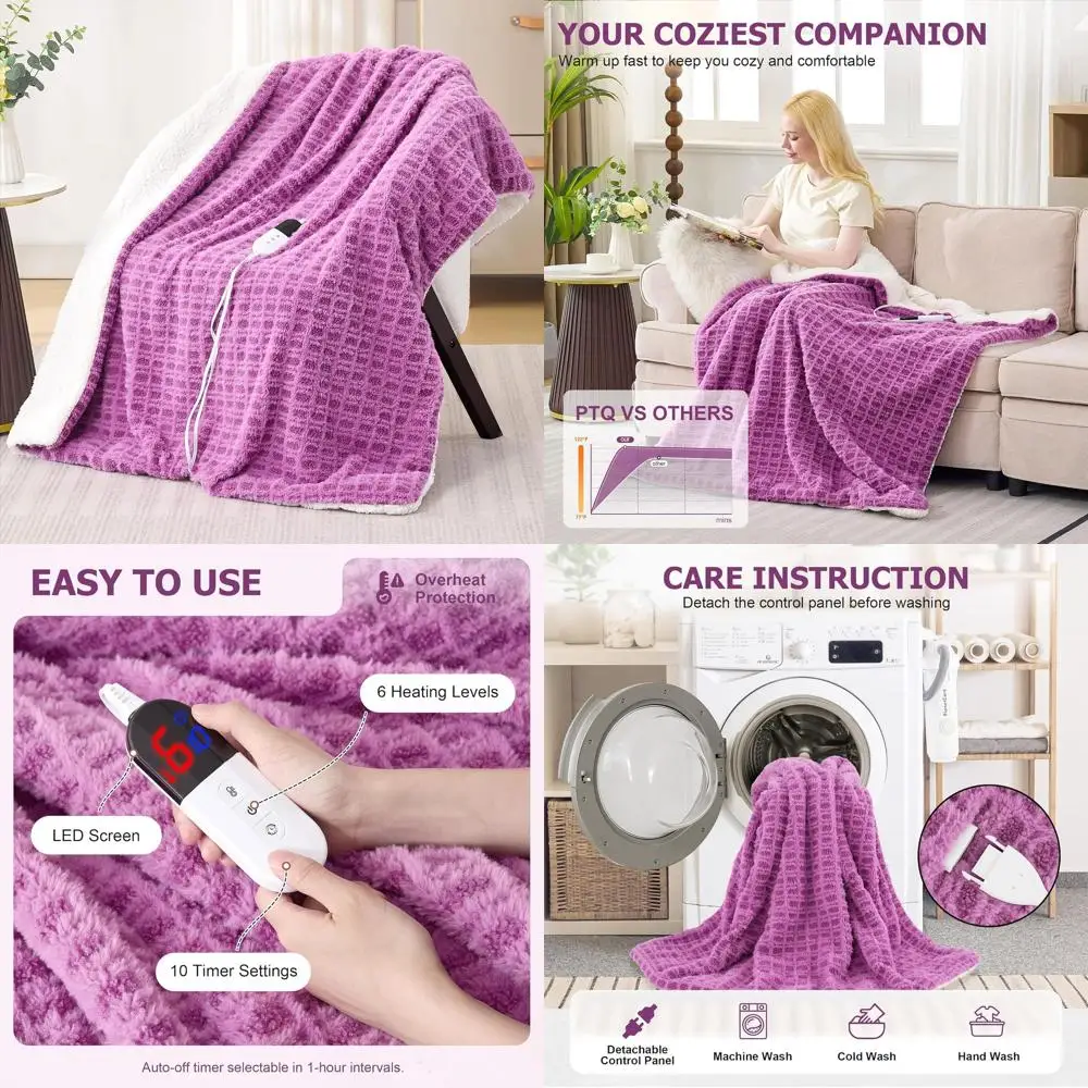 

Purple Electric Heated Blanket with 6 Heat Levels, 10 Timer Options, Ultra-Soft Faux Fur, Machine Washable, Ideal Gift (62x84)