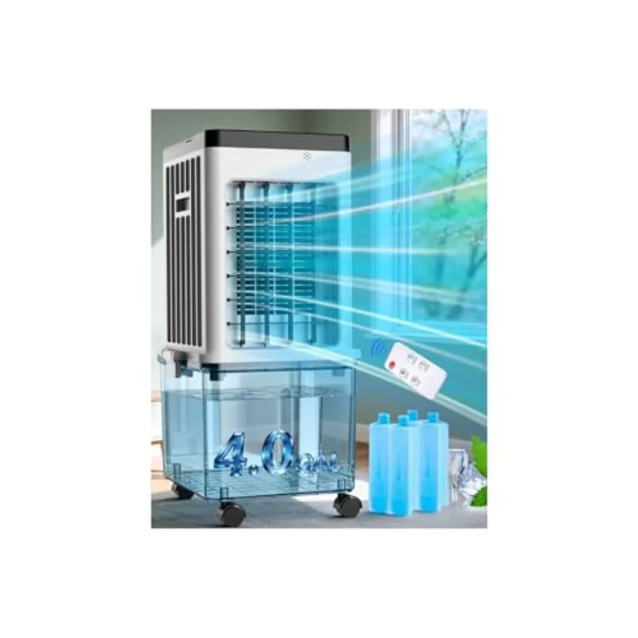 

Portable evaporative air cooler for room office bedroom white plastic unit with large water tank 4 ice packs 24H cooling 3 spee