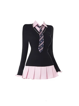 Vrouwen Kpop Mini Zwart Roze Preppy Stijl Lange Mouw Shirts Jurk Met Stropdas Gyaru 2000S Esthetische Japanse Y 2K Meisje Eendelig Nieuw