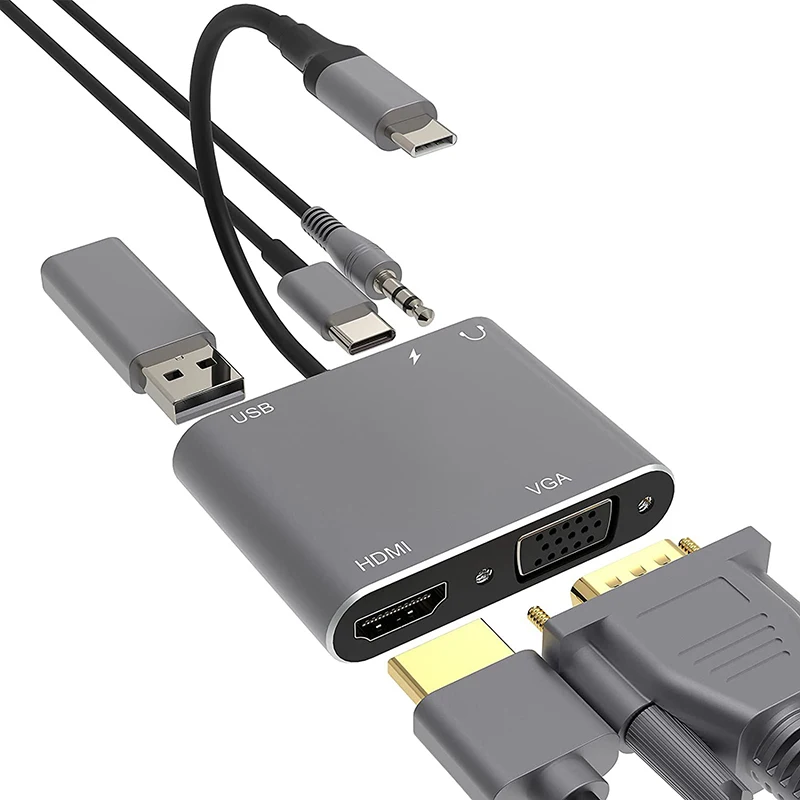 USB C Hub 4 in 1 / 5 in 1 Type C 3.0 Adapter to 4K Compatible-HDMI VGA USB 3.0 PD Fast Charge Splitter Extend Adapter for Laptop