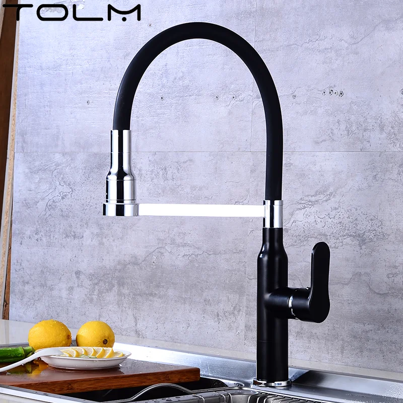 

TOLM Black Kitchen Faucet Steel Flexible Spout Kitchen Sink Faucet Hot Cold Water Sink Mixer Tap 360 Degree Rotate Crane