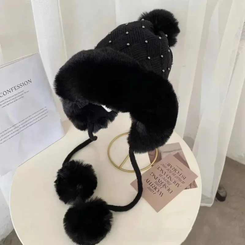 Knitted Hat for Women Winter Cute Cartoon Pearl Fur Ball Sweater Hat with Plush Thickened Fur Collar Windproof and Warm Hat