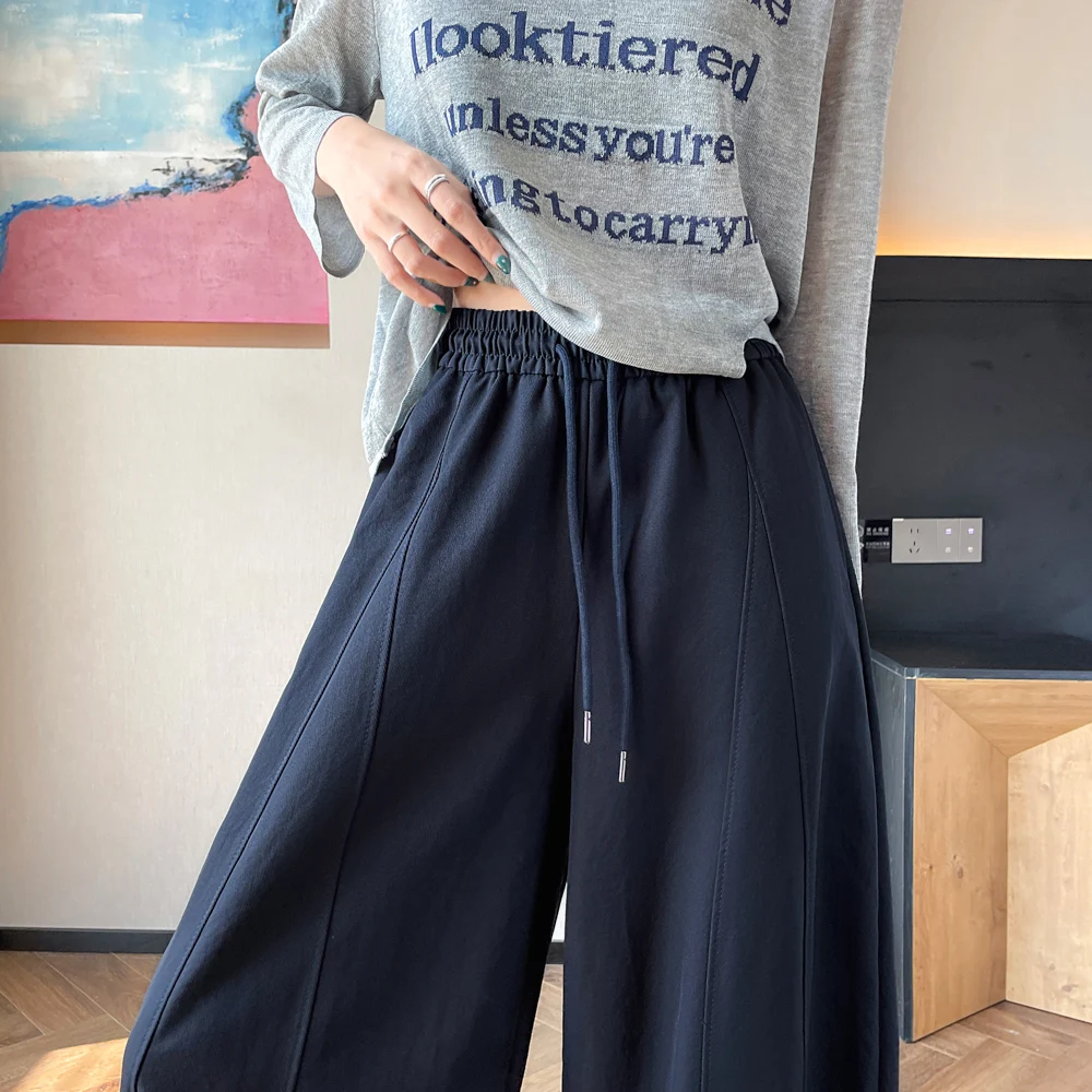 عارضة Dstring تسعة عشرات فانوس السراويل النساء فضفاضة واسعة الساق الترفيه السراويل Musoom الدانتيل مطاطا Waisand