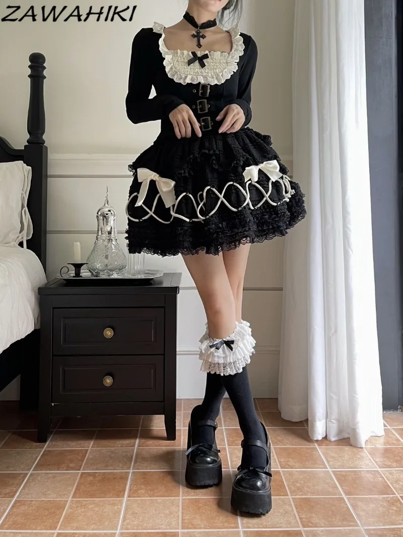 Black Women's Skirts Temperament Vintage Bandage Falda Sweet White Bow Lace Skirt Pleated Patchwork Contrast Color Mujer Faldas