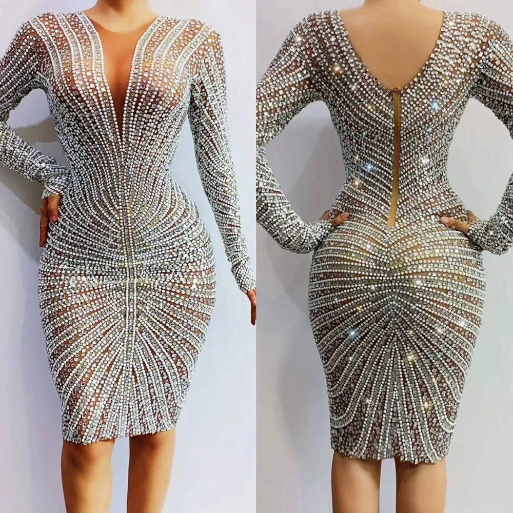 

Women Party Elegant Birthday Evening Dresses Elaborate Slim Diamonds Formal Dressy 2025 Stretch Long Sleeve Outfits