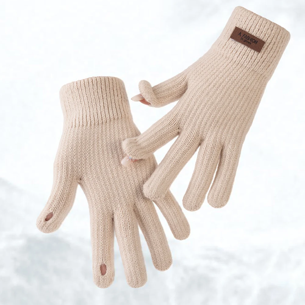 Women's Winter Knit Gloves with Cashmere Blend,Touchscreen Compatible Fingertip Hole Design Warm Soft Outdoor Female Gloves