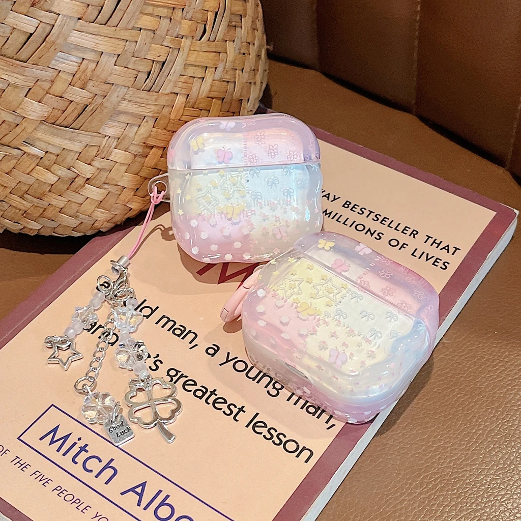 Pink Gradient Butterfly Polka Dot Print With Pendant Shock Proof Earphone Cover Case for AirPods 1 or 2 3 4 Pro 2 Pro 3