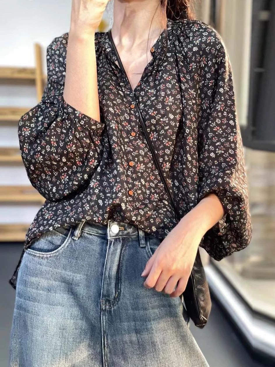 

Японская женская рубашка свободного кроя с цветочным принтом из хлопка и льна, винтажная, художественная, летняя, новинка