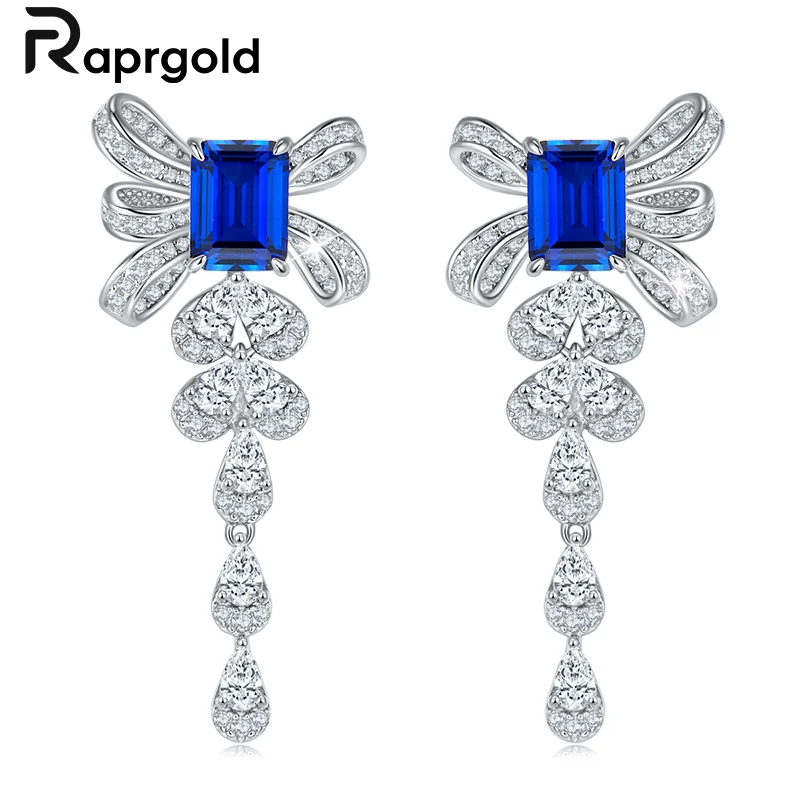 RAPRGOLD 925 Sterling Silver Kowknot Stud Earrings for Women Grown Ruby Sapphire Piercing Hanging Earring Wedding Luxury Jewelry