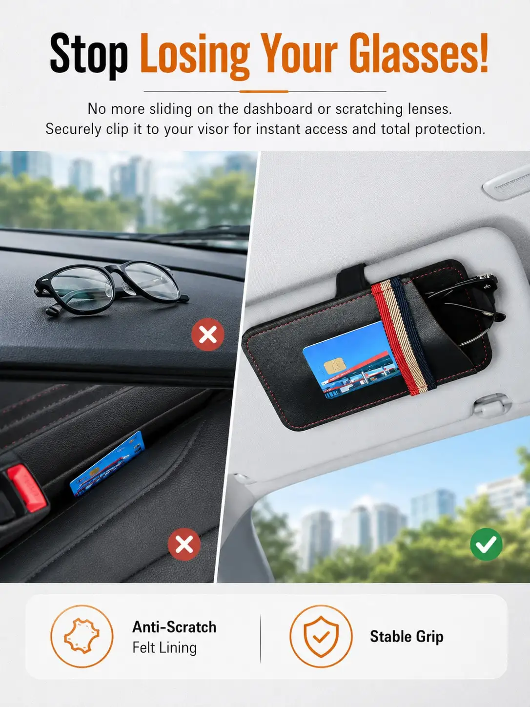 Universal Car Sun Visor Glasses Holder, Nappa Leather Felt Lined Sunglasses Storage Bag, Anti-Scratch One Hand Access for Cards