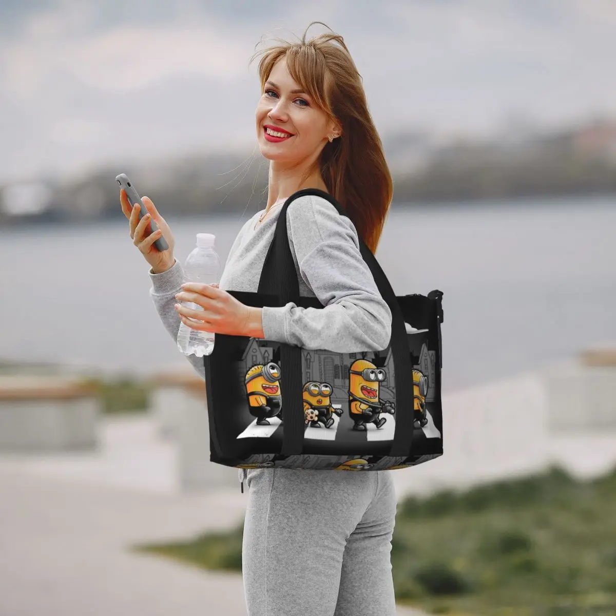 Custom Large M-Minions Road Essential Cartoon Tote Bag for Women Shopper Shoulder Gym Beach Travel Bag