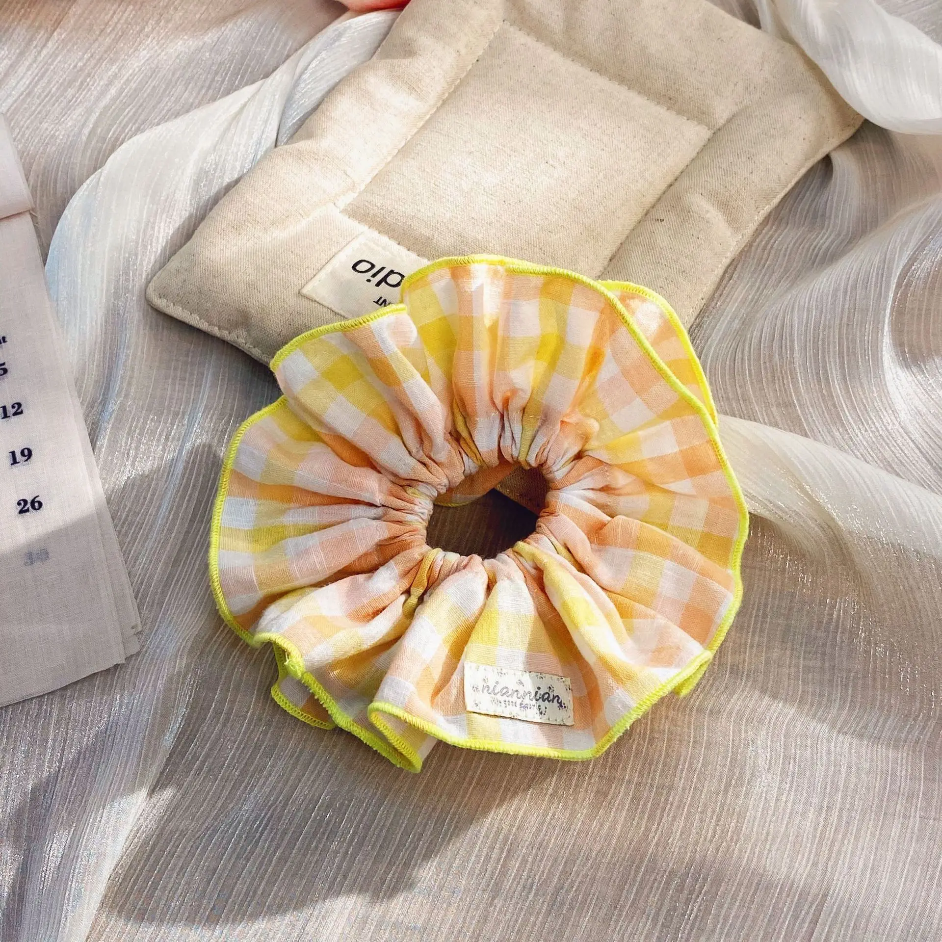 قطعة واحدة من حلقة أمعاء مزدوجة منقوشة متباينة للفتيات الجميلات، فيونكة زهور كورية، حلقة شعر على الأمعاء الغليظة، غطاء رأس بحبل شعر كرات #4