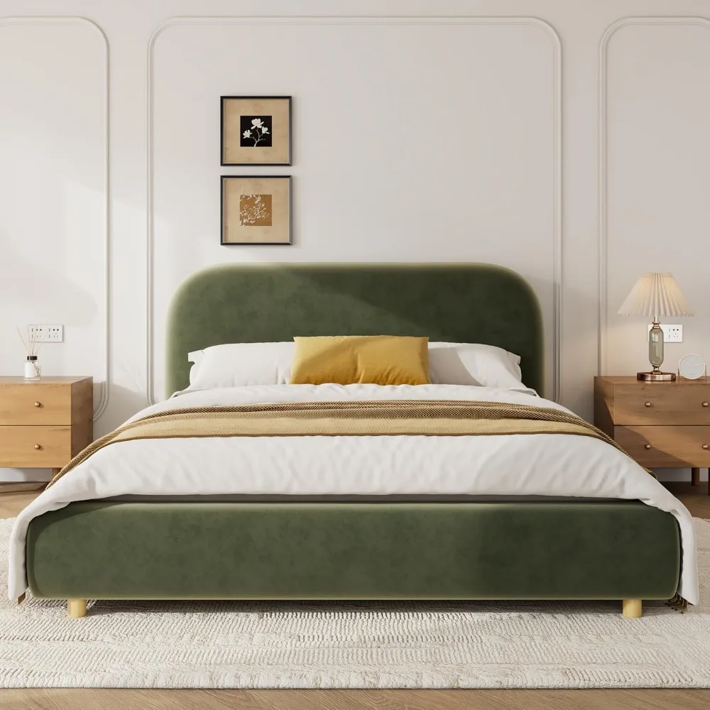 سرير بمنصة منجدة من القماش المخملي بحجم كوين من Merax مع لوح رأسي منحني، إطار سرير خشبي مع أرجل مستديرة صلبة لـ K