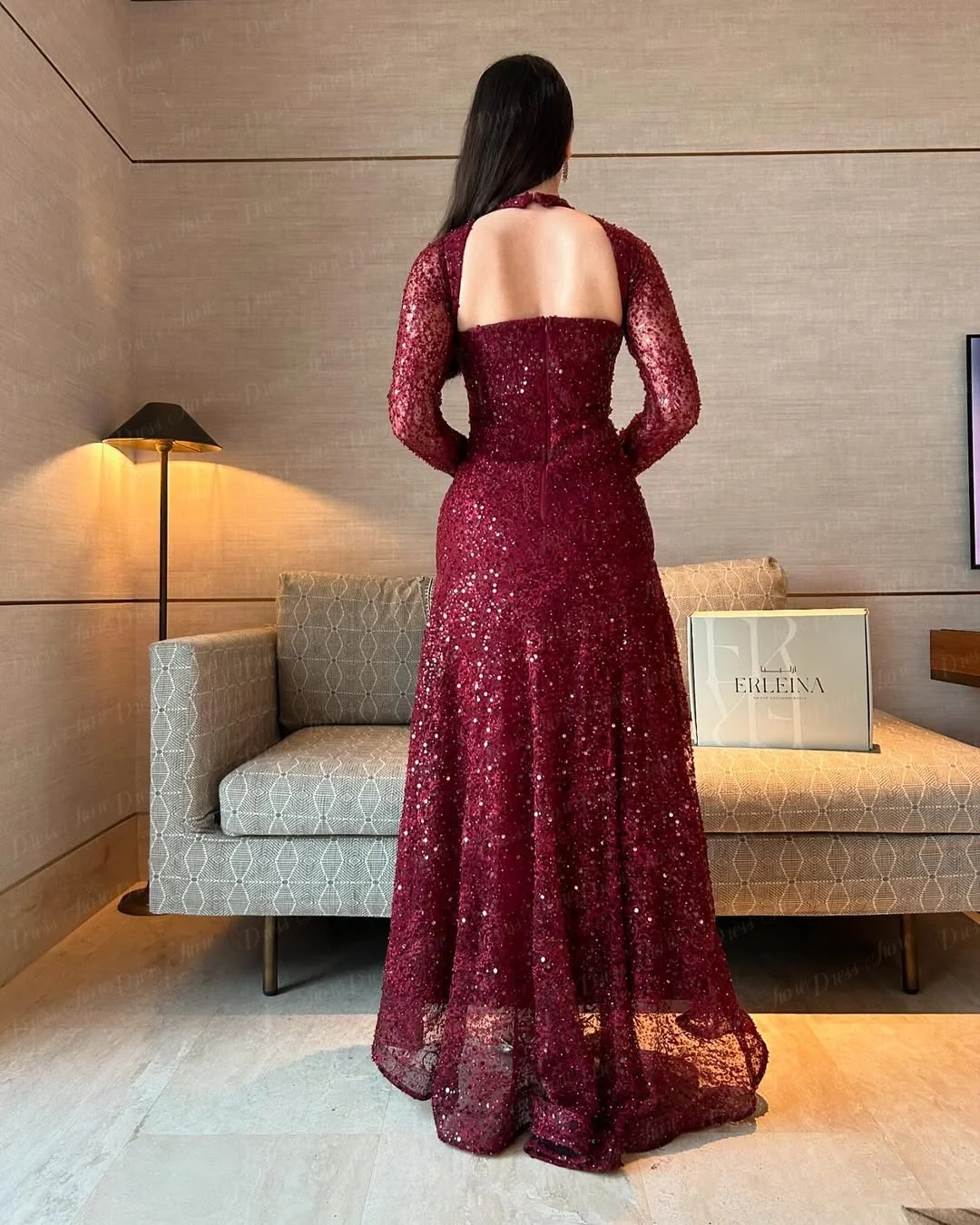 Suknia wieczorowa Ranmo Burgundy Sparkly Lace A-line z długimi rękawami, wysokim dekoltem, plisami, w stylu arabskim، فساتين سهرة, suknia na bal, szyta na miarę