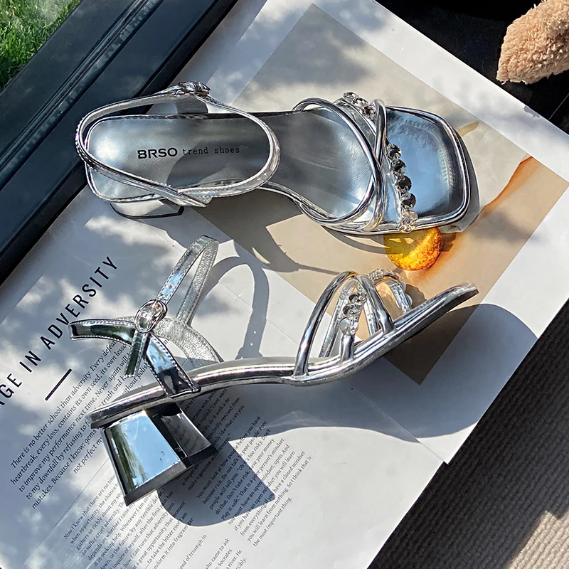 

Summer New Women's High Heel Sandals French Style Rhinestone Fairy Wind Beach Shoes Trendy One-Strap Roman Style Beach Sandals