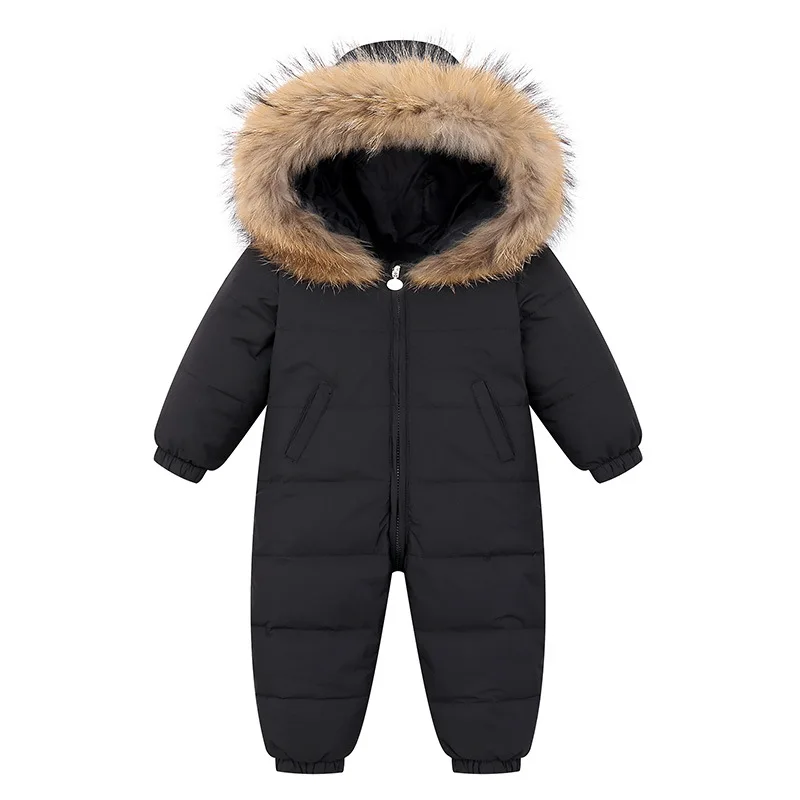 

OLEKID 2024 Baby Boy Winter Romper Hooded Warm Real Raccoon Fur Baby Girl Snowsuit Toddler Down Jacket Jumpsuit Infant Overalls