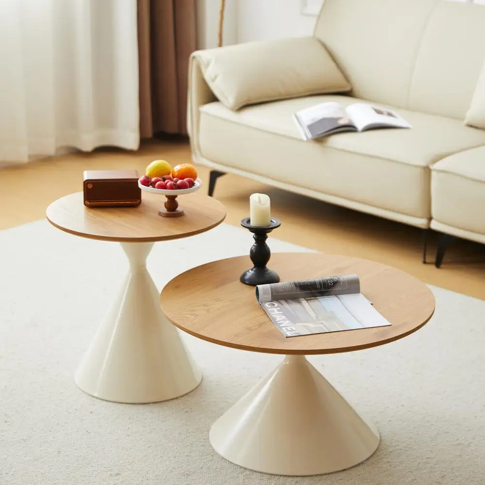 

Round Coffee Table White Wood Nesting Set Modern Double Cone Base MDF Veneer Carbon Steel Durable 27.56 & 19.68 Inch Dia