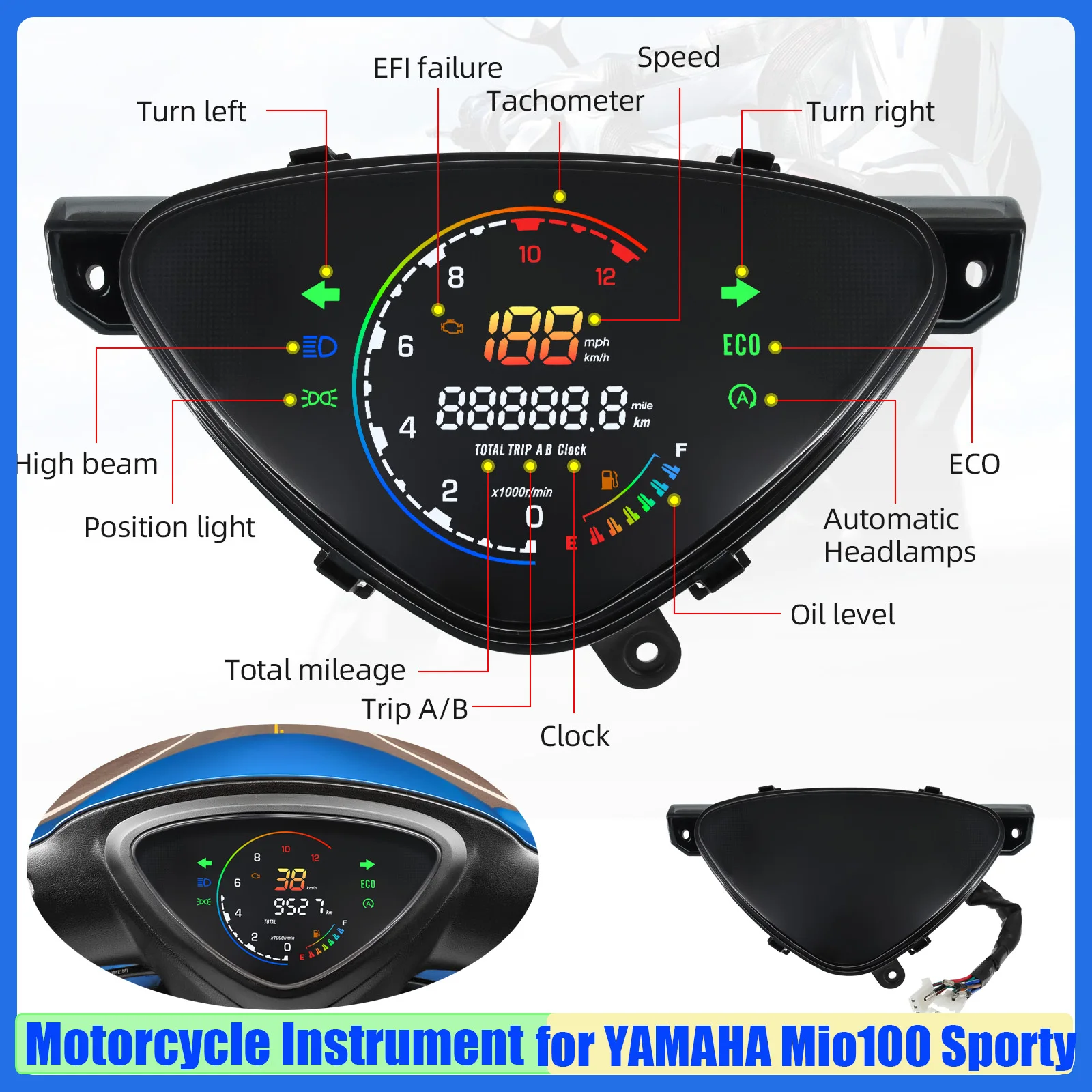 Speedometer Digital 0-12000R/min, instrumen sepeda Motor Dashboard Tachometer pengukur oli lampu sein untuk Yamaha mio100 sporty
