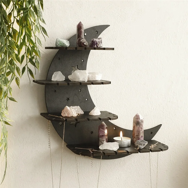 TFORU-Wooden Moon Stand, Crystal Stand Display Wall Storage Rack Collection Box Wall Mounted