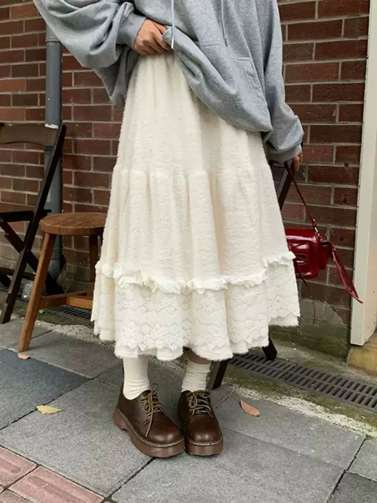 

Зимние мокасины White Tide, юбка с цветочным принтом, женские кружевные дизайнерские юбки с подолом, корейская юбка-миди