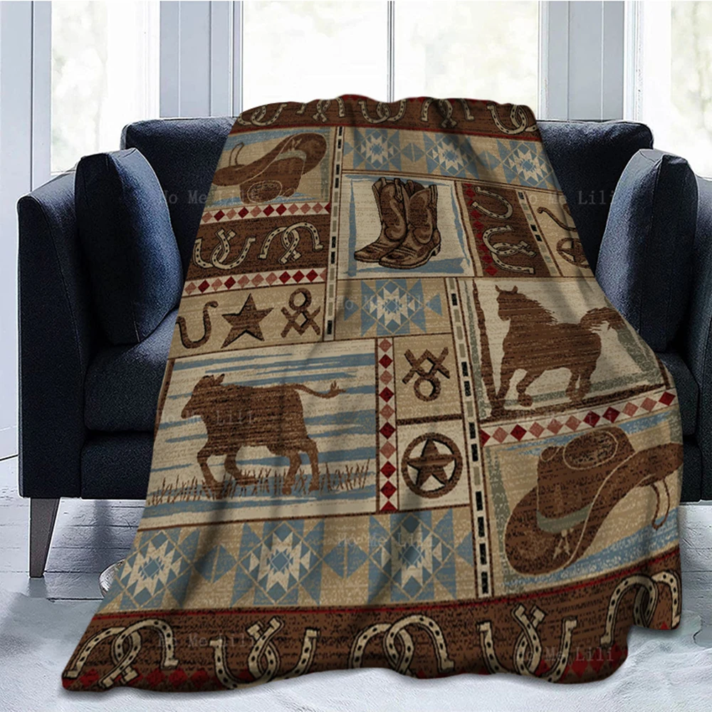 Hats Boots And Horses Fun Western Rodeo Traditional Southwestern Motifs Lightweight Cozy Flannel Blanket By Ho Me Lili Decor