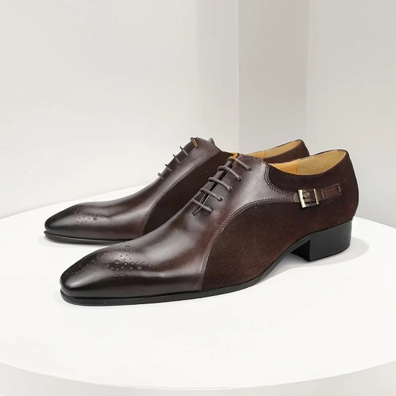 

Coffee Dress Shoes Men Calfskin Leather Lace Up Buckle Strap Black Pointed Toe Formal Business Wedding Shoes Handmade